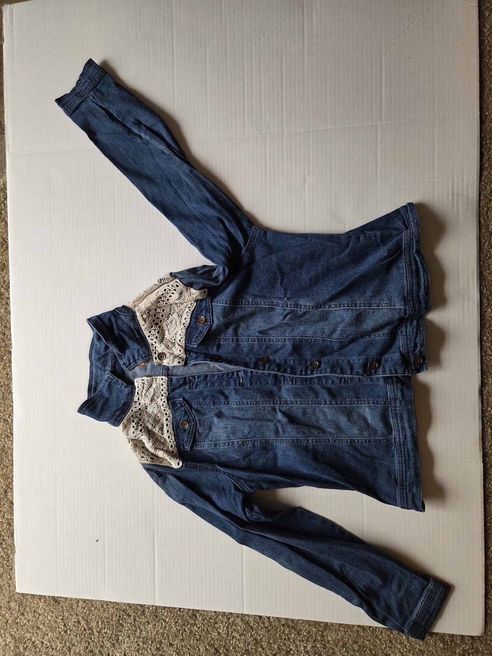 RuffHewn Denim Jacket Womens XL Blue Medium Wash Crochet Lace Yoke Boho ButtonUp
